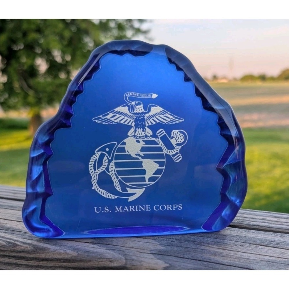 United States Marine Corps Blue & White Glass Paper Weight Semper Fidelis Decor